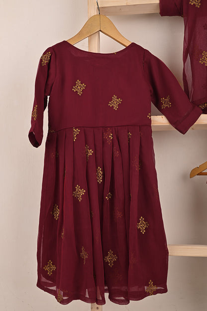 TKF-186-Maroon - Kids 3Pc Chiffon Embroidered Frock