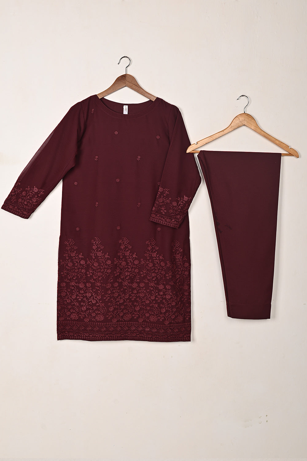 RTW-288-Maroon -  3Pc Ready to Wear Embroidered Chiffon Dress