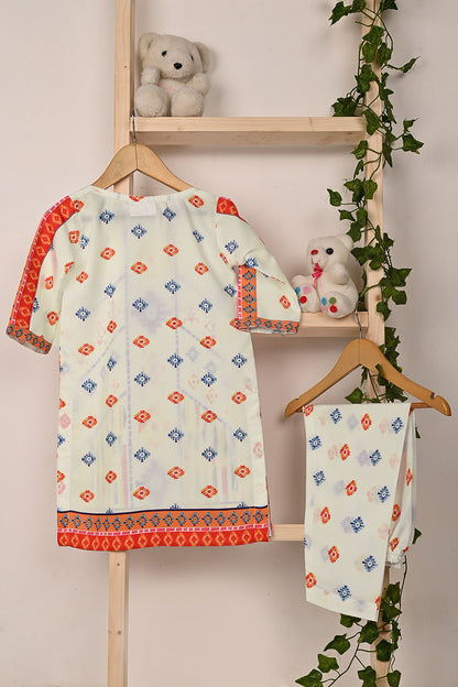 TKF-281-Off White - Kids 2Pc Ready to Wear Digital Printed Cotton Dress