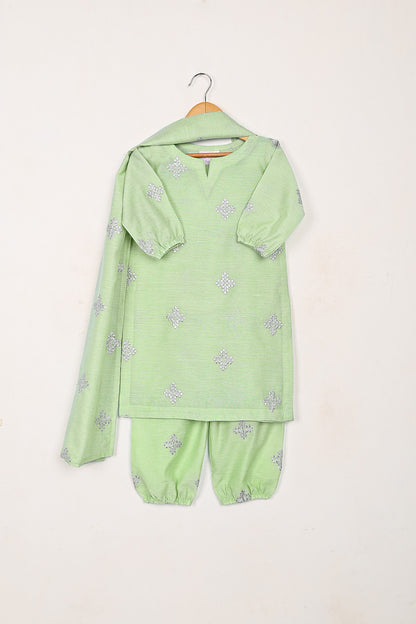 TKF-261-Pista - Kids 3Pc Paper Cotton Embroidered Dress