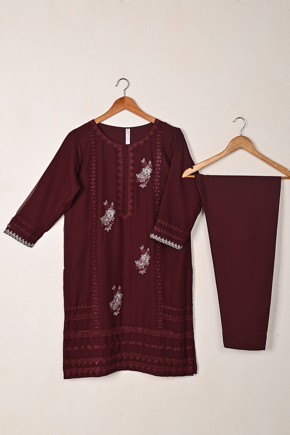 RTW-286-Maroon -  3Pc Ready to Wear Embroidered Chiffon Dress