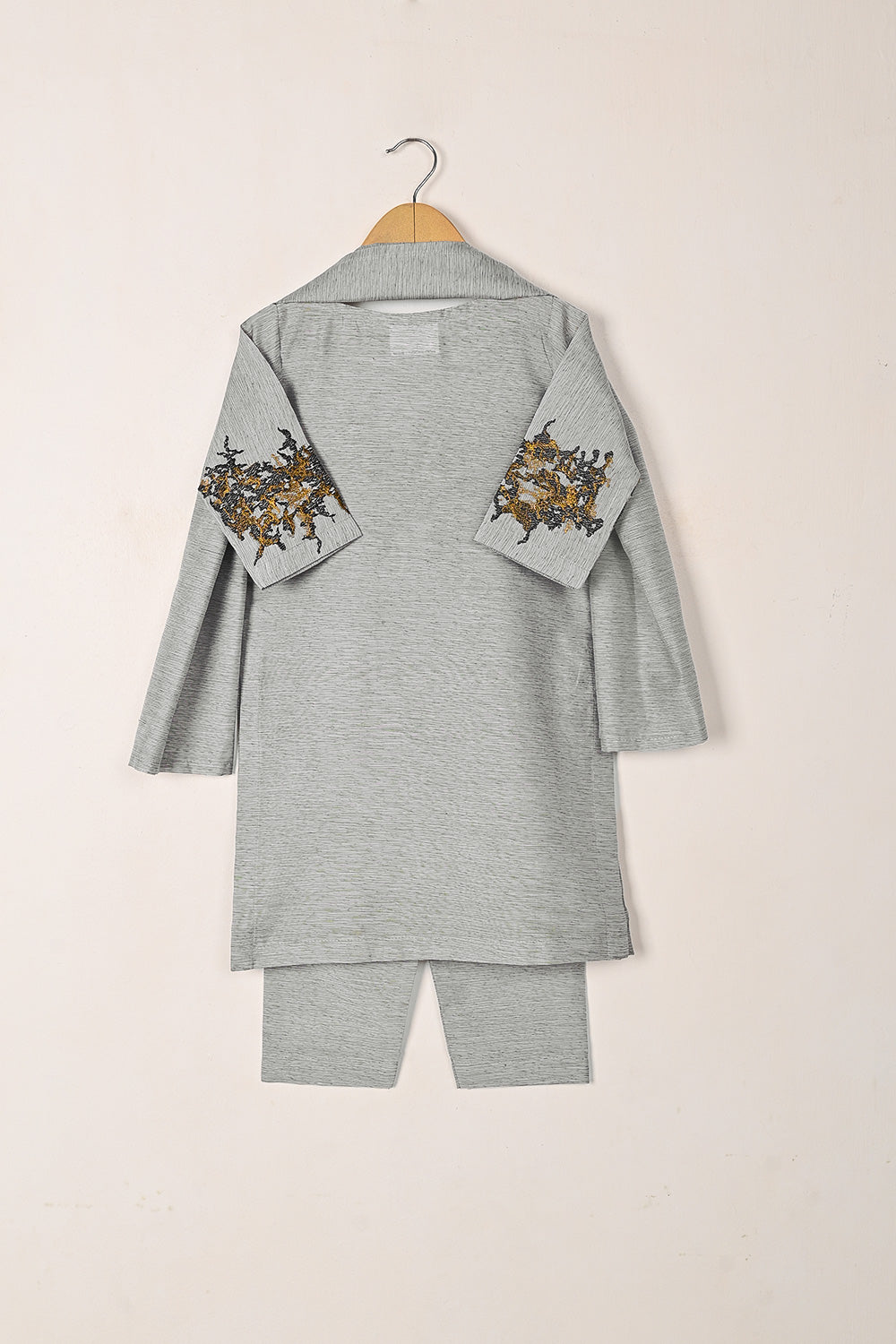 TKF-270-Gray - Kids 3Pc Paper Cotton Embroidered Dress