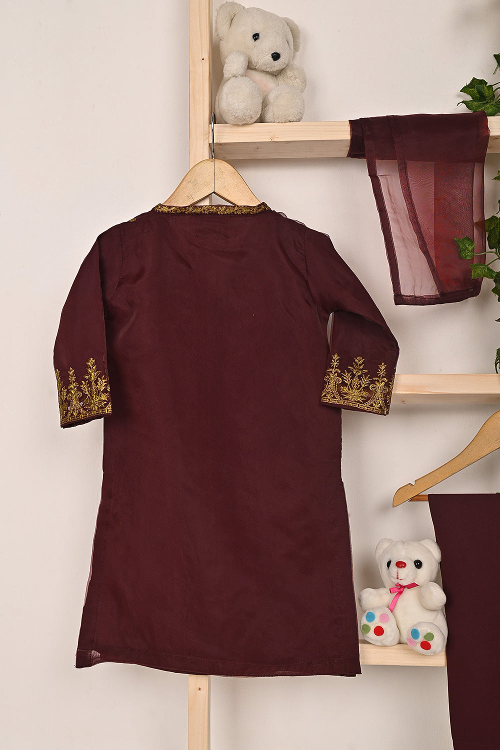 TKF-306-Maroon - Kids 3Pc Organza Embroidered Formal Dress