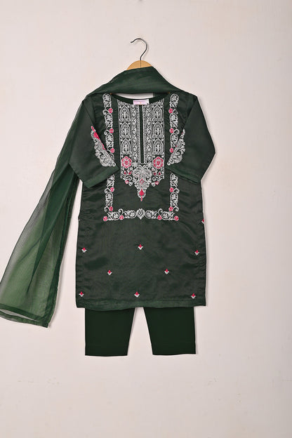 TKF-283-Bottle Green - Kids 3Pc Ready to Wear Javeria Net Embroidered Formal Dress