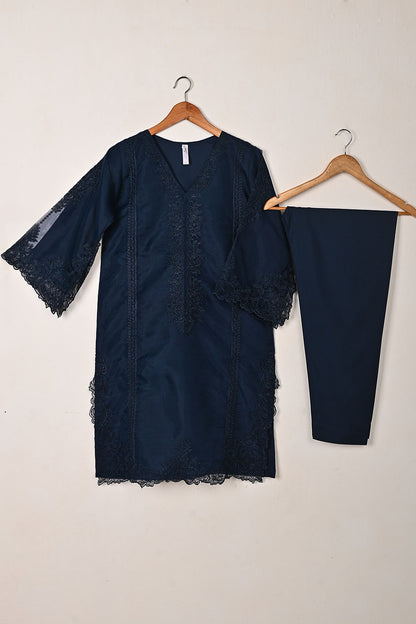 RTW-300-Navy Blue - 3Pc Ready to Wear Cut Work Embroidered Organza Dress