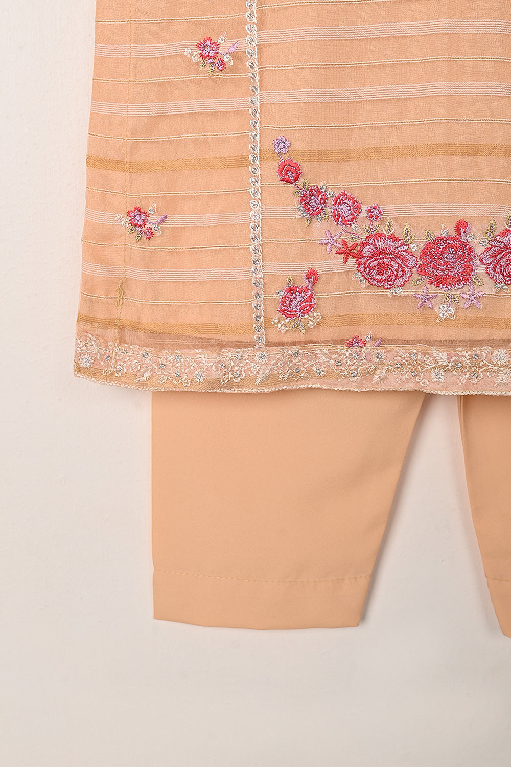 TKF-290-Peach - Kids 3Pc Ready to Wear Jacquard Organza Embroidered Dress