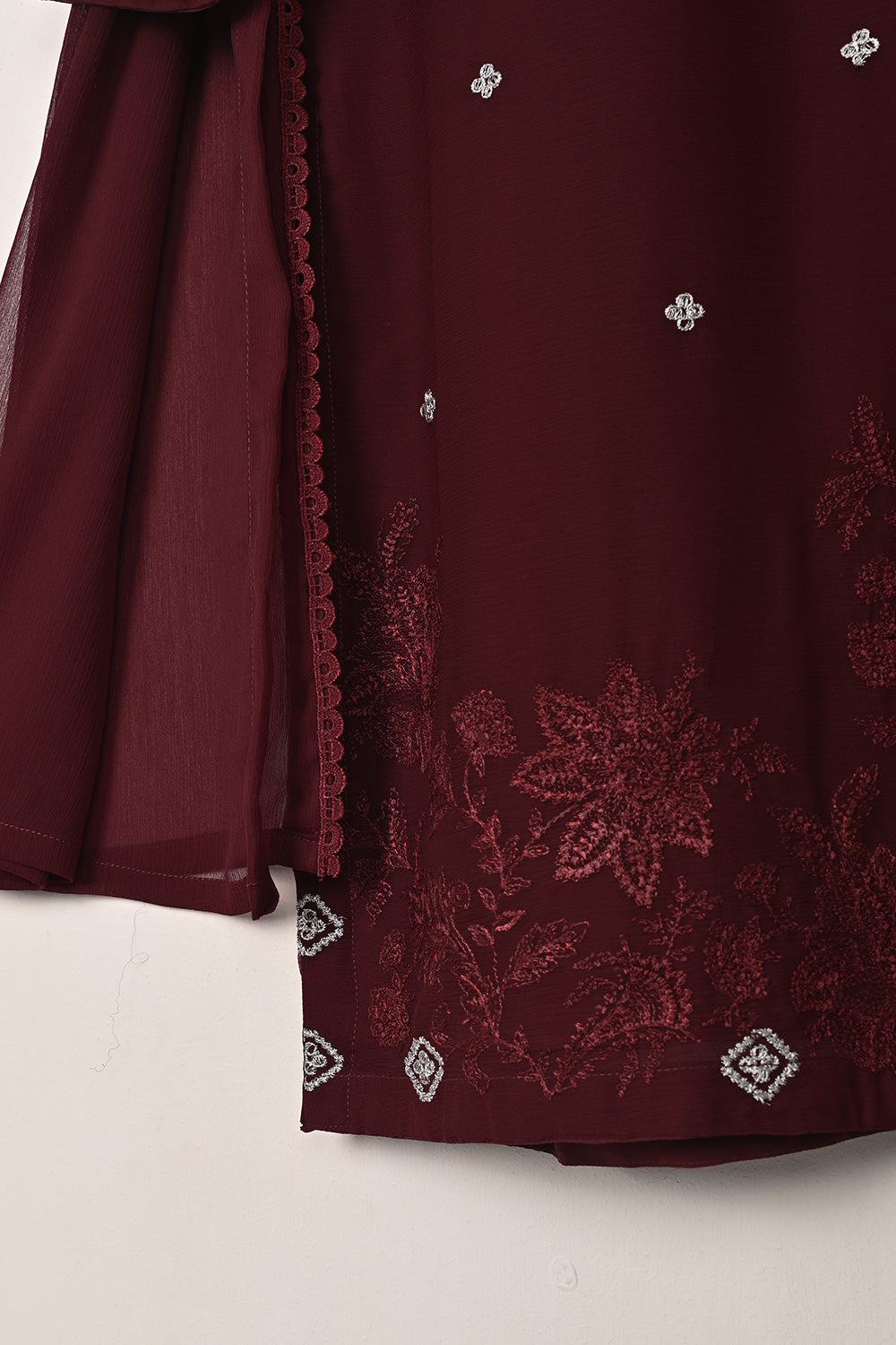 RTW-285-Maroon -  3Pc Ready to Wear Embroidered Chiffon Dress