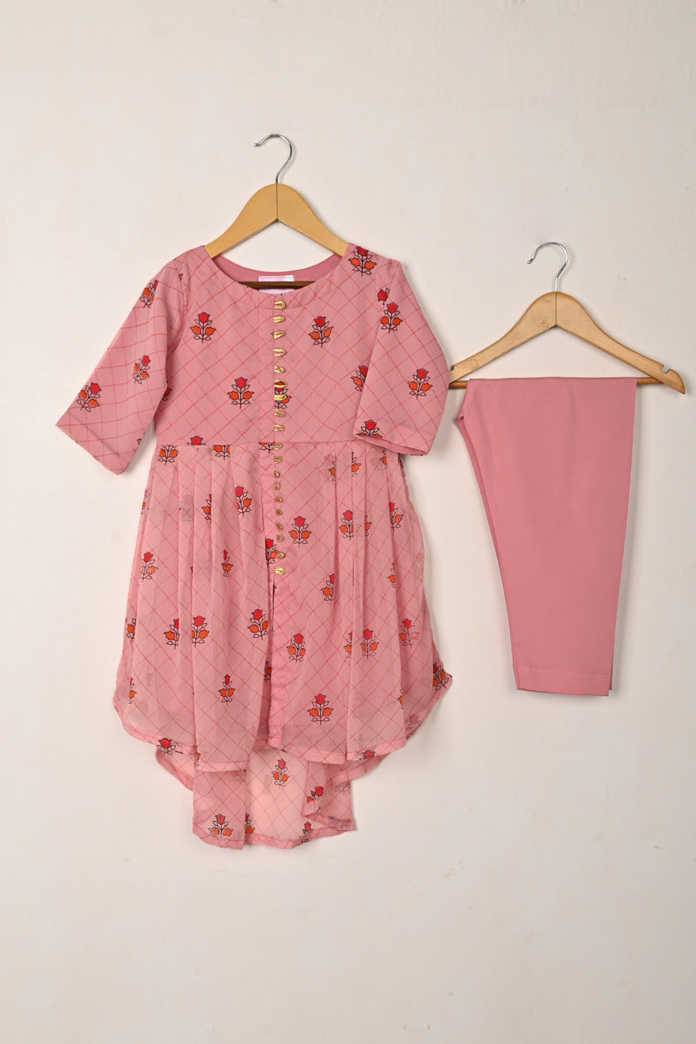 TKF-288-Pink - Kids 3Pc Chiffon Printed Frock