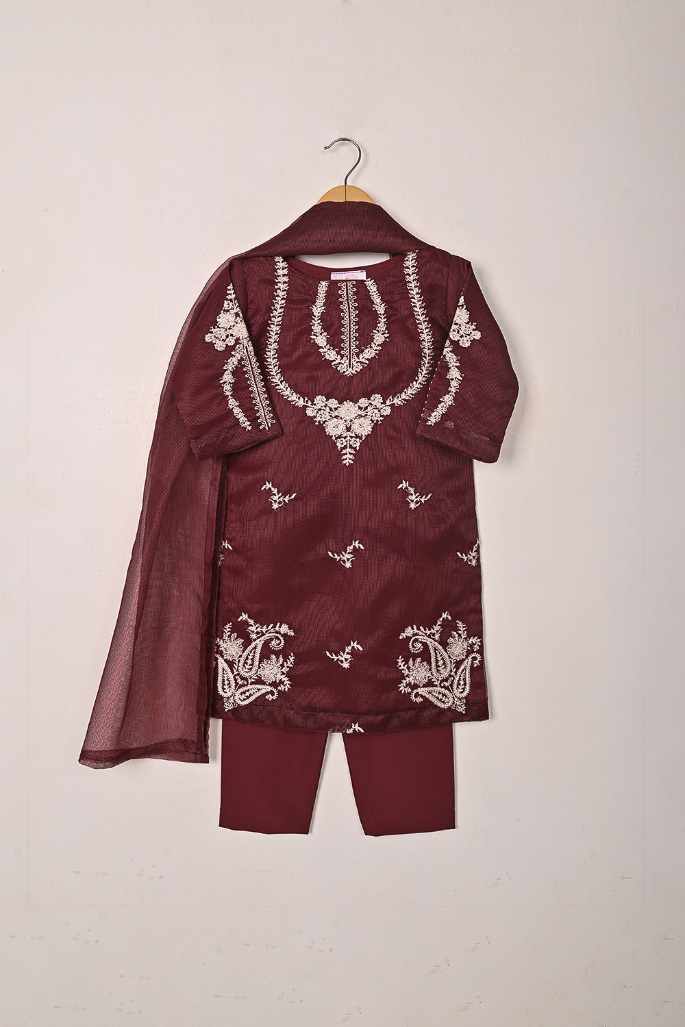 TKF-284-Maroon- Kids 3Pc Ready to Wear Javeria Net Embroidered Formal Dress