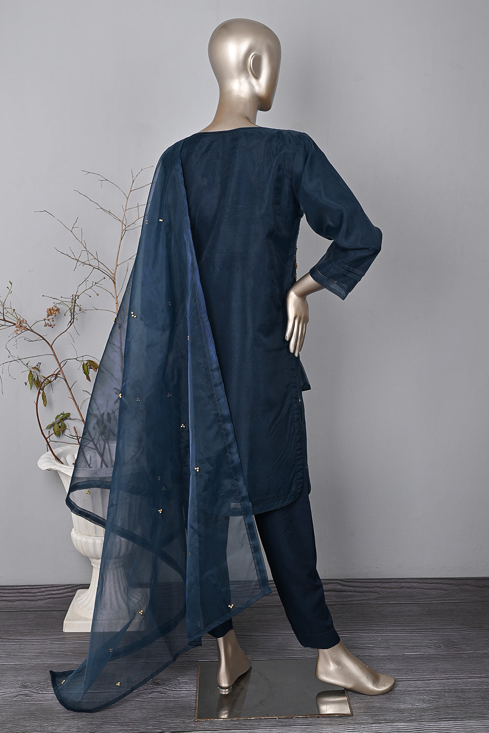 RTW-292-NavyBlue - 3Pc Ready to Wear Embroidered Premium Adda Work Organza Dress