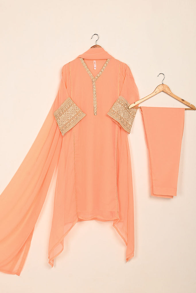 RTW-186-Peach - 3Pc Ready to Wear Embroidered Chiffon Frock