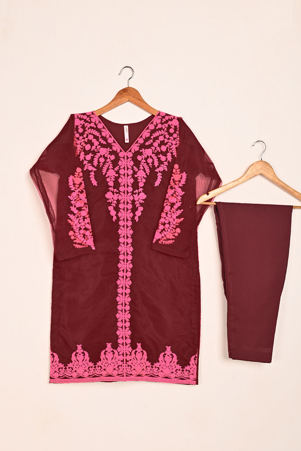 STP-064E-Maroon - 2PC READY TO WEAR PREMIUM EMBROIDERED ORGANZA