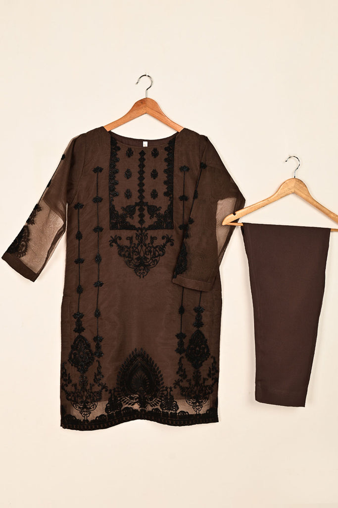 STP-181B-BROWN - 2Pc Organza Embroidered Dress