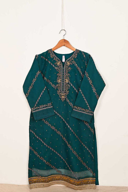 TS-235-Teal Green - Organza Embroidered Stitched Kurti