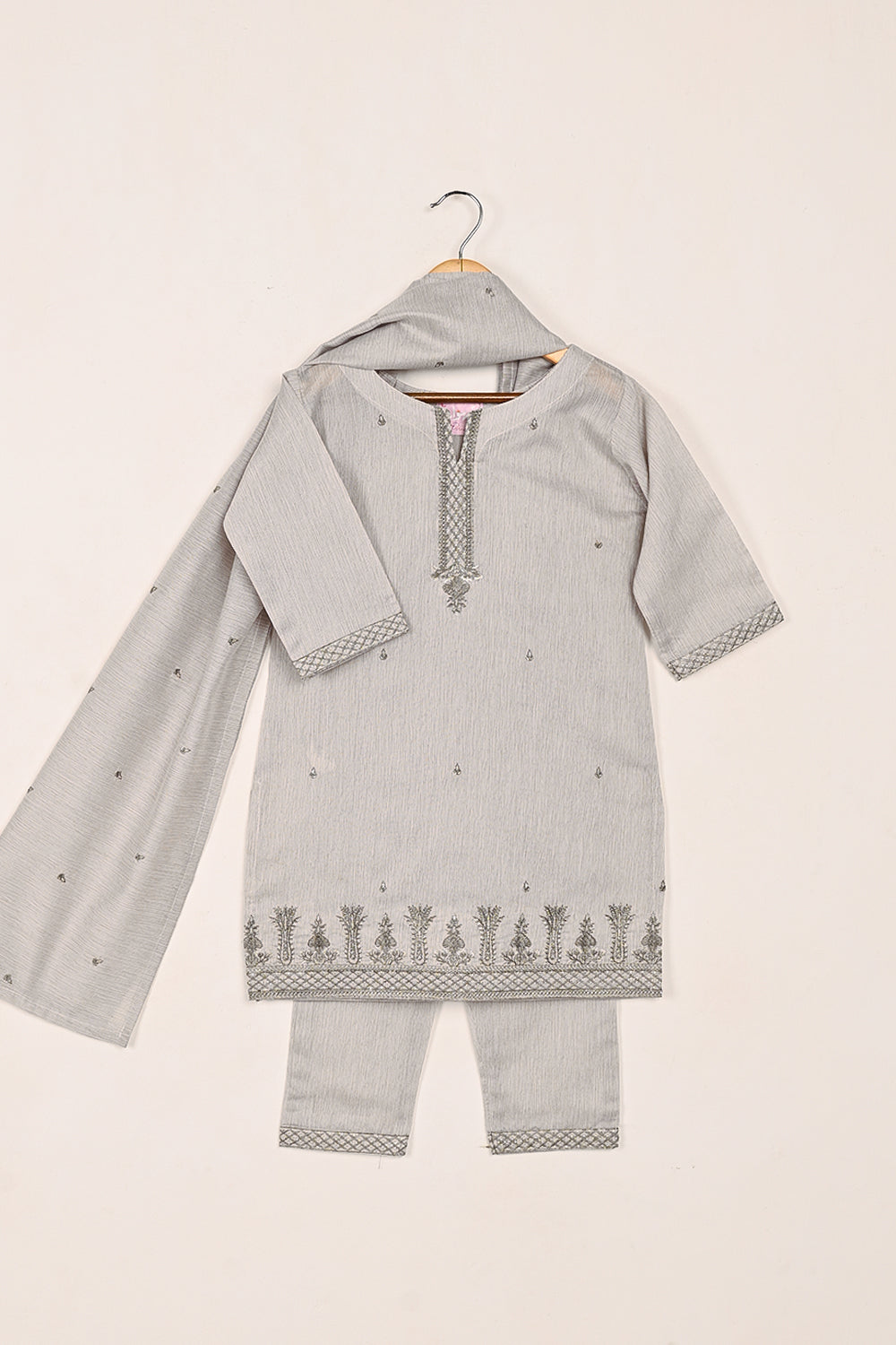 TKF-139-Gray - Kids 3Pc Ready to Wear Embroidered Poly Slub Dress