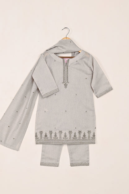 TKF-139-Gray - Kids 3Pc Ready to Wear Embroidered Poly Slub Dress