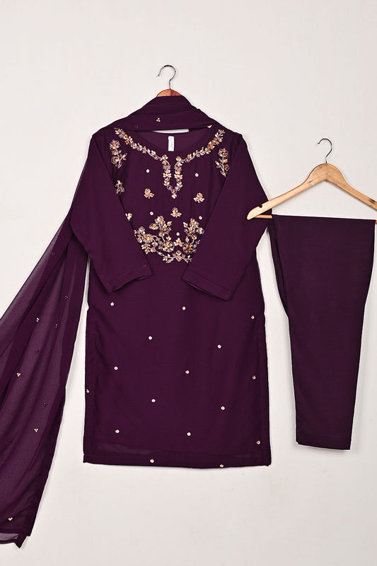 RTW-258-Purple - 3Pc Ready to Wear Embroidered Adda Work Chiffon Dress