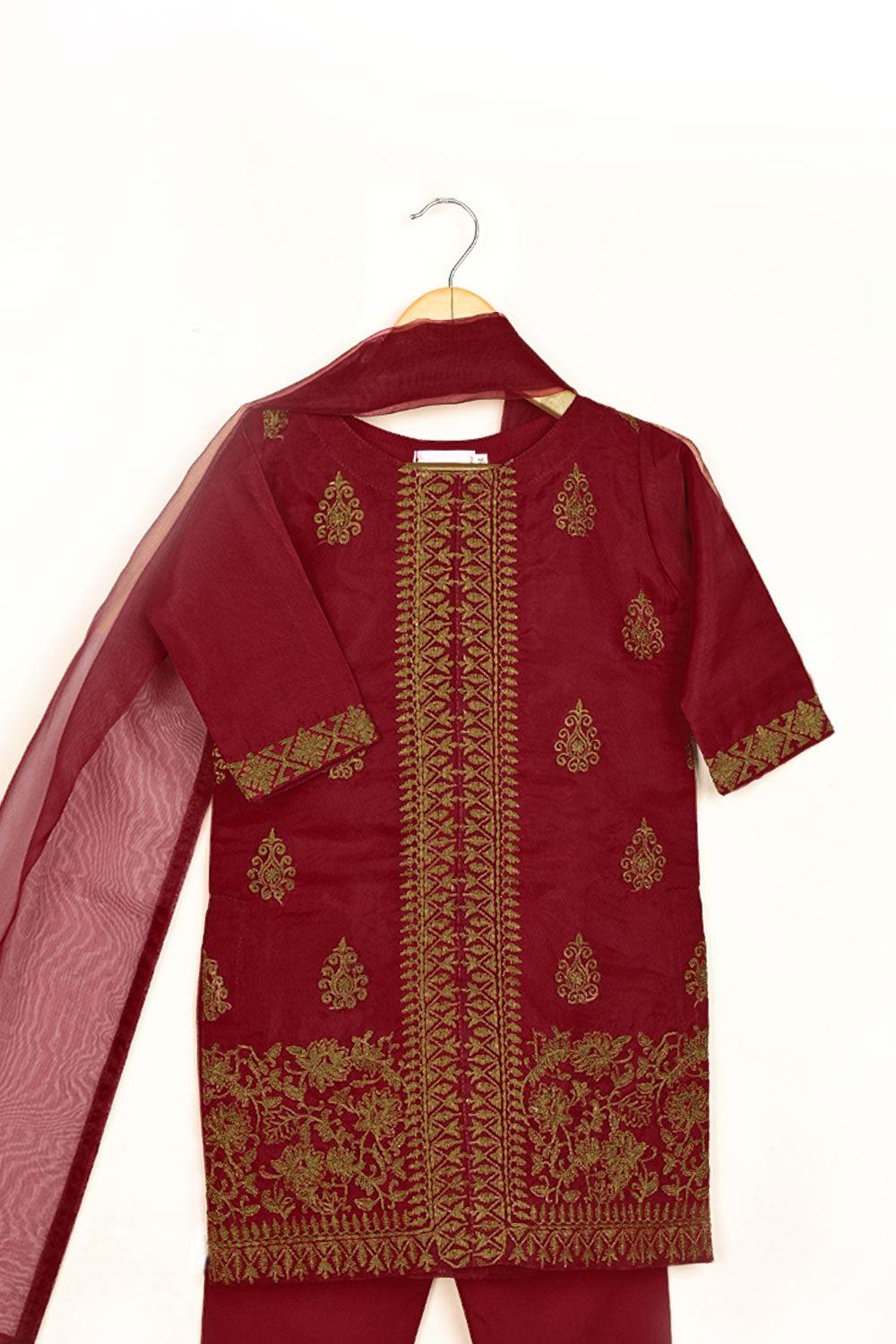 TKF-136-Maroon - Kids 3Pc Ready to Wear Organza Formal Embroidered Dress