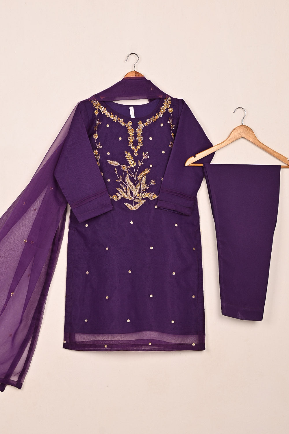 RTW-224-Purple - 3Pc Ready to Wear Embroidered Premium Adda Work Organza Dress