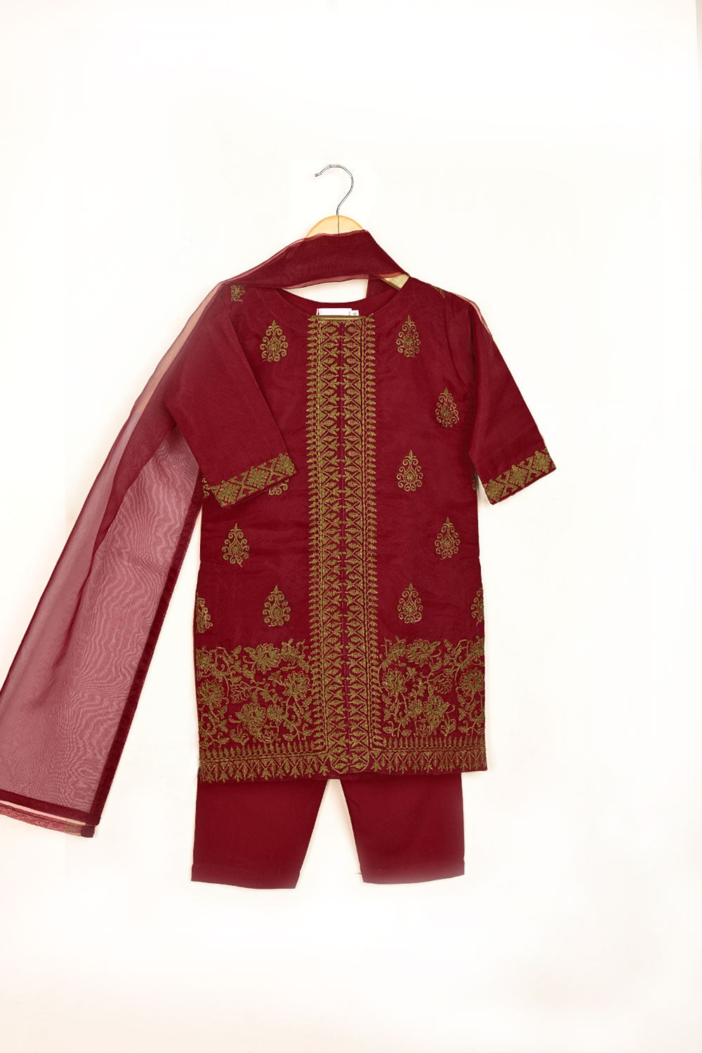 TKF-136-Maroon - Kids 3Pc Ready to Wear Organza Formal Embroidered Dress