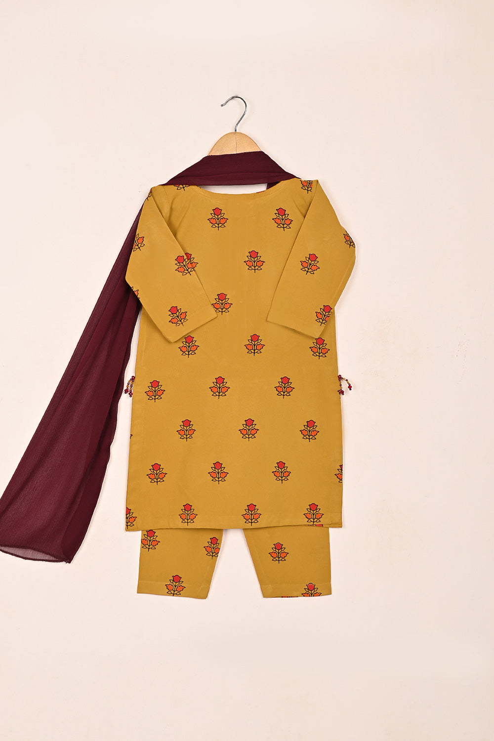 TKF-187-Mustard  - Kids 3Pc Ready to Wear Silk Printed Dress