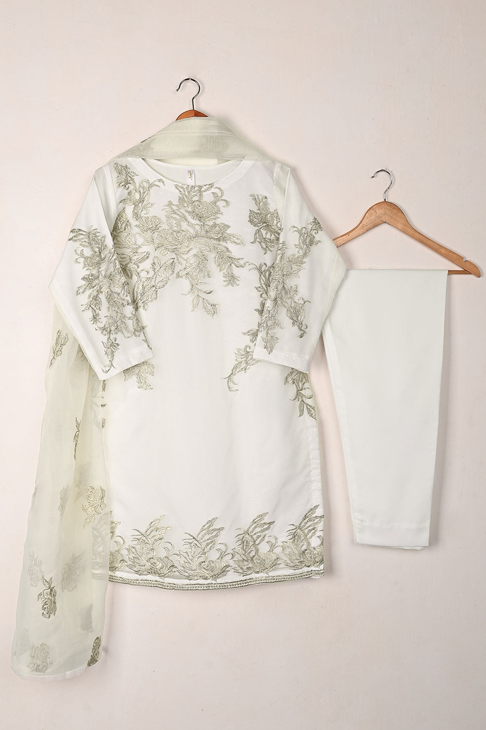 RTW-311-OFF White -  3Pc Ready to Wear Embroidered Organza Dress