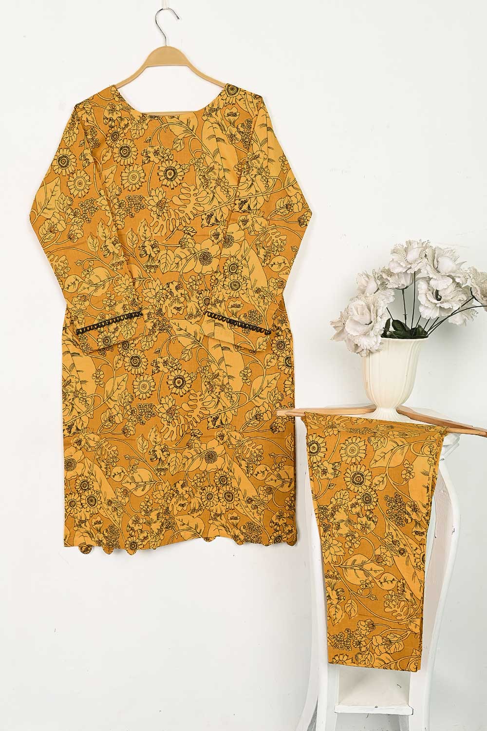 CPTP-15B-Mustard - 2Pc Ready to Wear Cotton Printed Co-Ord Dress