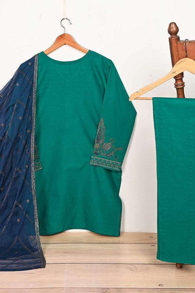 3SP-13A-Green - 3PC COTTON EMBROIDERED Dress With Chiffon Embroidered Dupatta