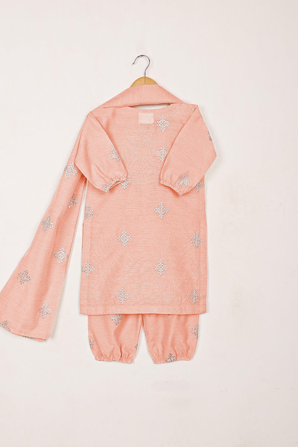 TKF-262-Peach - Kids 3Pc Paper Cotton Embroidered Dress