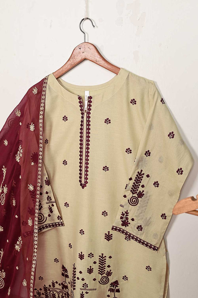 3SP-12B-Skin - 3PC COTTON EMBROIDERED Dress With Chiffon Embroidered Dupatta