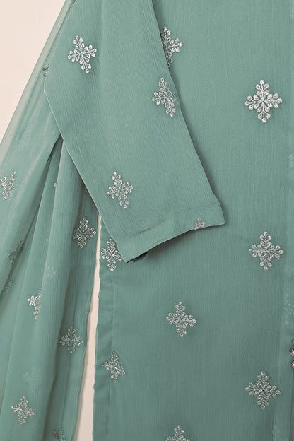 RTW-212-Cyan-  3Pc Ready to Wear Embroidered Chiffon Dress