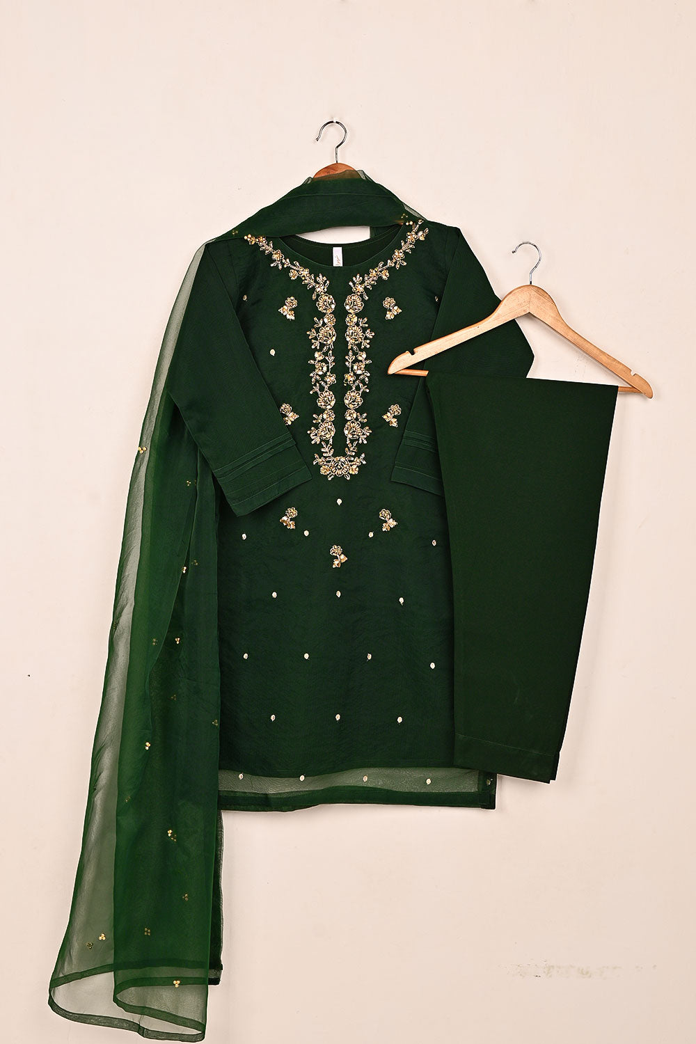 RTW-231-Green - 3Pc Ready to Wear Embroidered Premium Adda Work Organza Dress