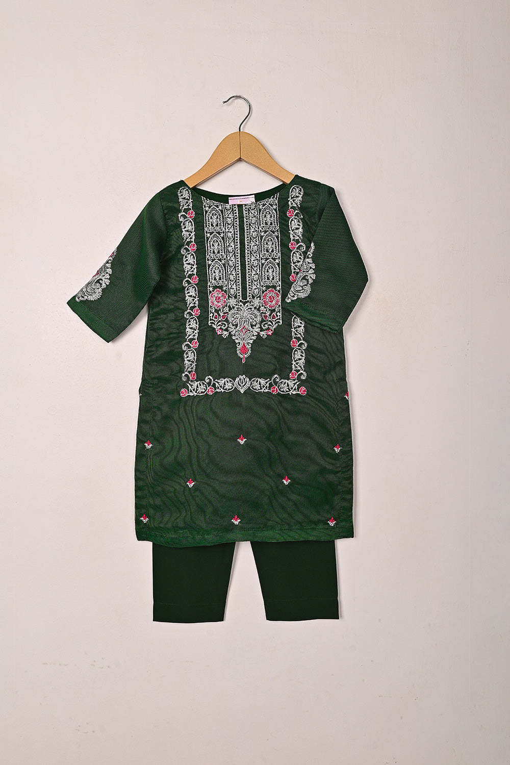 TKF-283-Bottle Green - Kids 3Pc Ready to Wear Javeria Net Embroidered Formal Dress