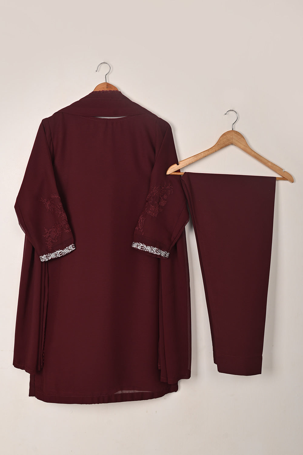 RTW-285-Maroon -  3Pc Ready to Wear Embroidered Chiffon Dress