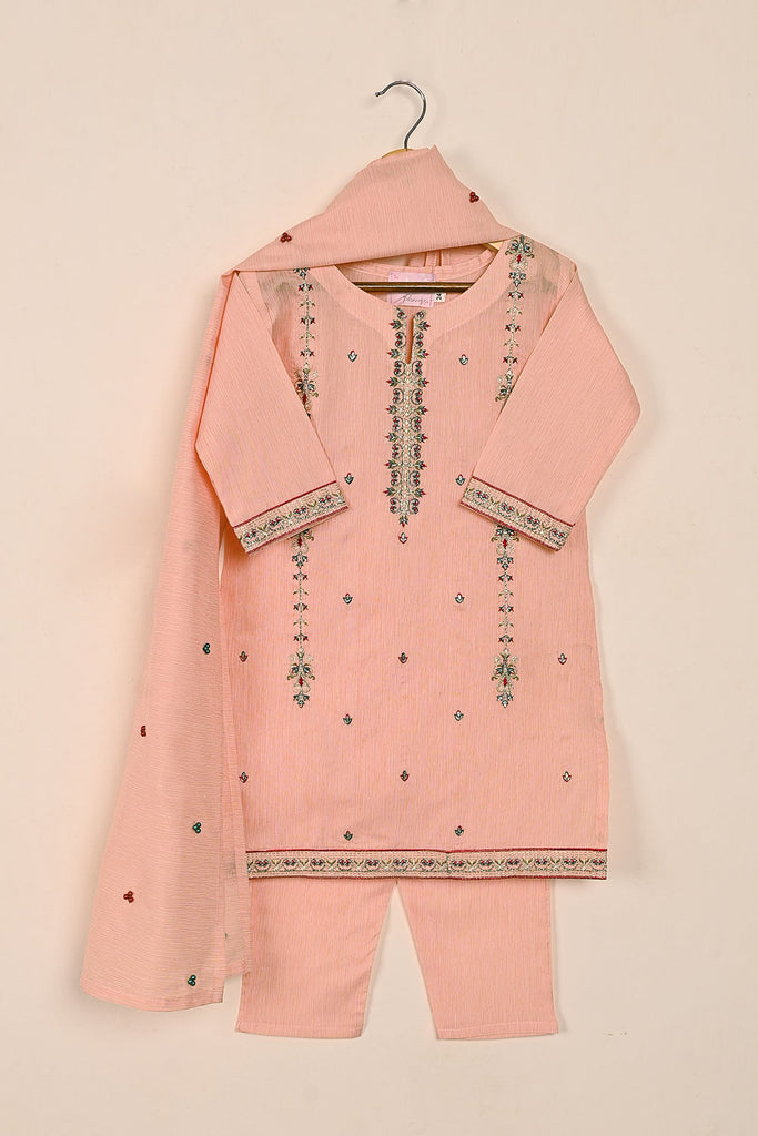 TKF-133-Peach - Kids 3Pc Ready to Wear Embroidered Slub Cotton Dress