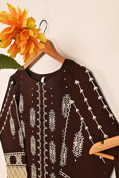 STP-195A-Brown  - 2PC READY TO WEAR EMBROIDERED CAMBRIC DRESS