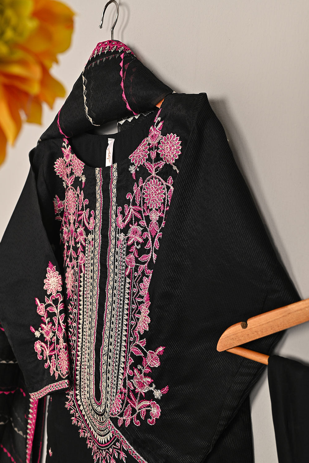 RTW-197-Black - 3Pc Ready to Wear 3Pc Javeria Net Embroidered  Dress