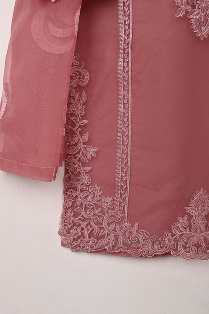 RTW-274-Tea Pink - 3Pc Ready to Wear Cut Work Embroidered Organza Dress