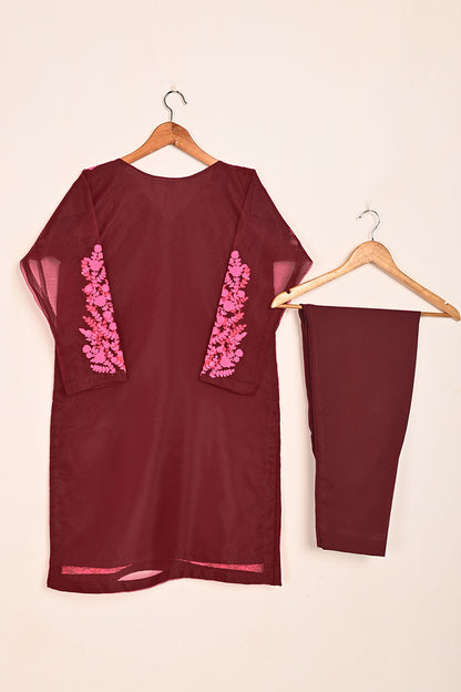 STP-064E-Maroon - 2PC READY TO WEAR PREMIUM EMBROIDERED ORGANZA