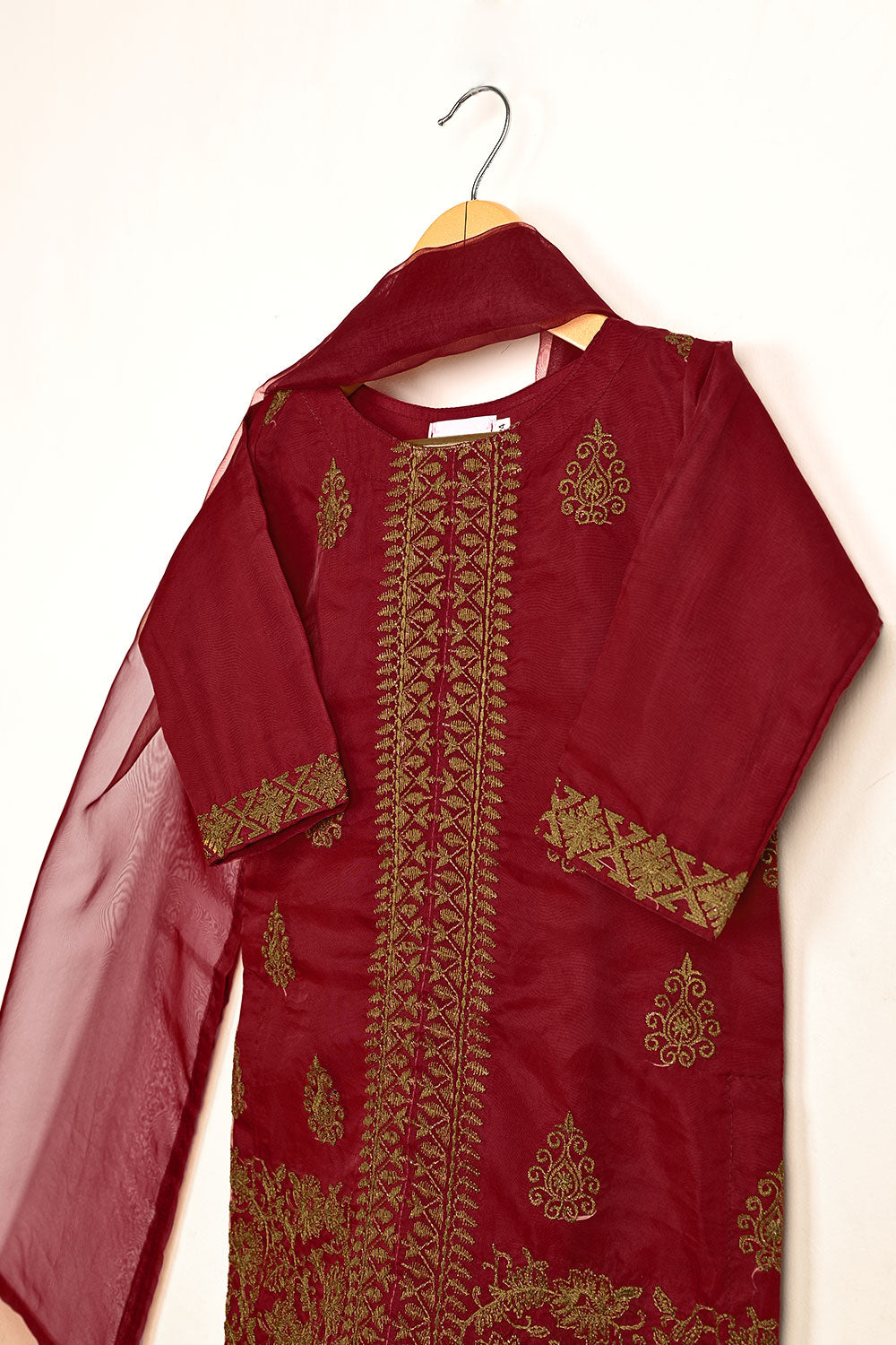 TKF-136-Maroon - Kids 3Pc Ready to Wear Organza Formal Embroidered Dress