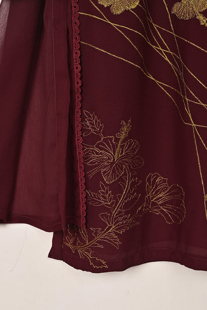 RTW-287-Maroon -  3Pc Ready to Wear Embroidered Chiffon Dress