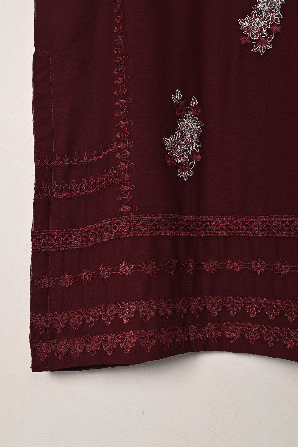 RTW-286-Maroon -  3Pc Ready to Wear Embroidered Chiffon Dress