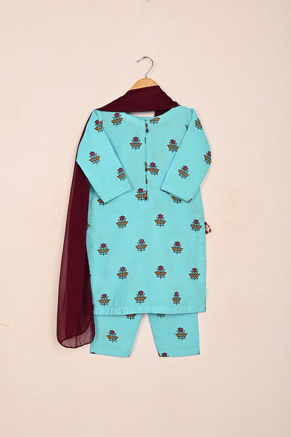 TKF-189-Sky Blue - Kids 3Pc Ready to Wear Silk Printed Dress