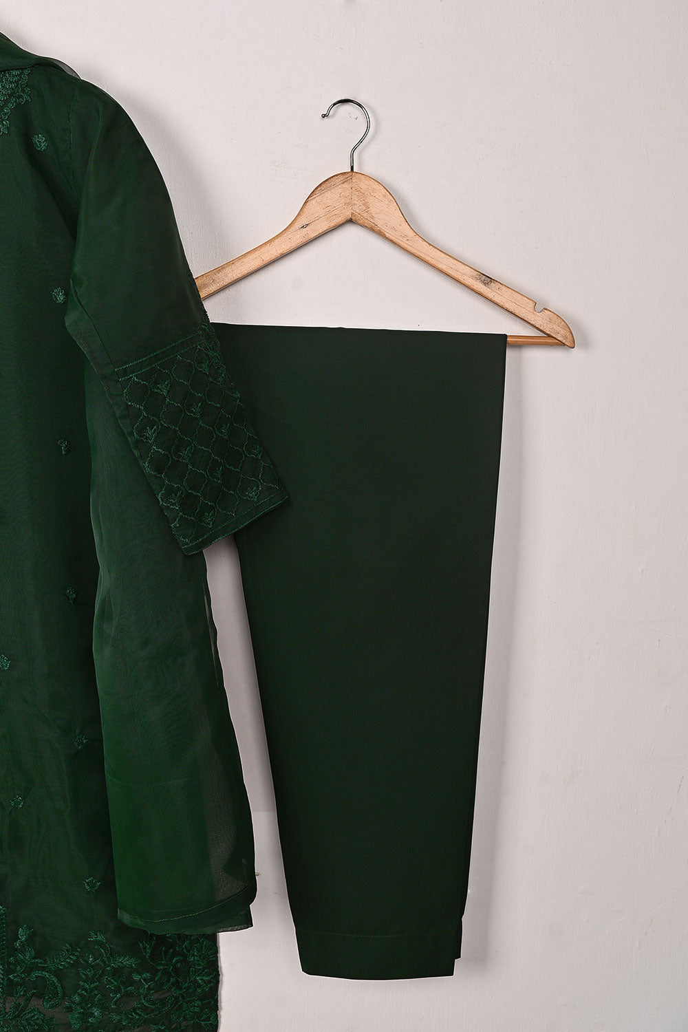 RTW-319-Bottle Green -  3Pc Ready to Wear Embroidered Organza Dress