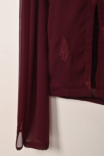 RTW-289-Maroon -  3Pc Ready to Wear Embroidered Chiffon Dress