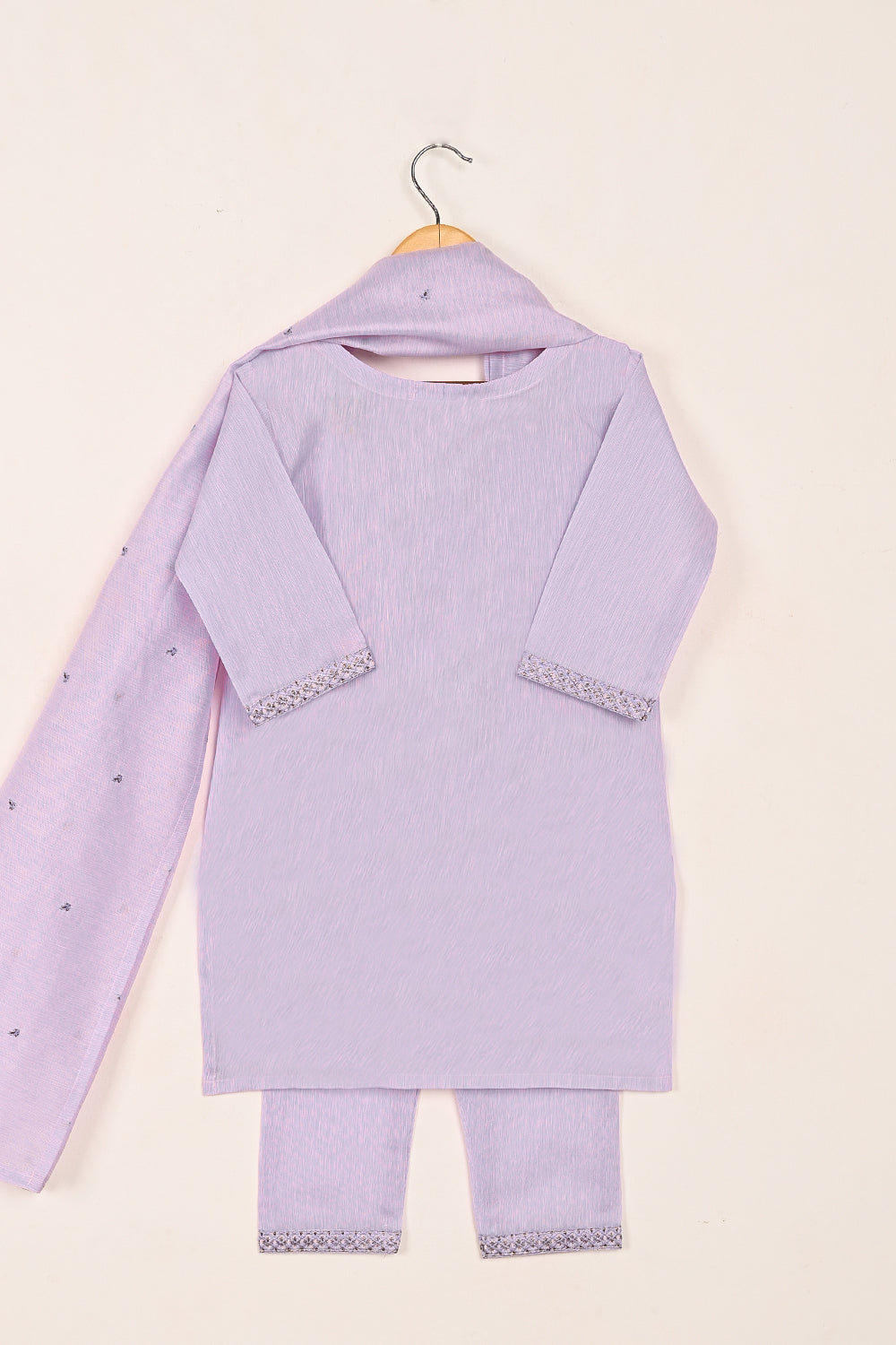 TKF-140-Purple - Kids 3Pc Ready to Wear Embroidered Paper Cotton Slub Dress