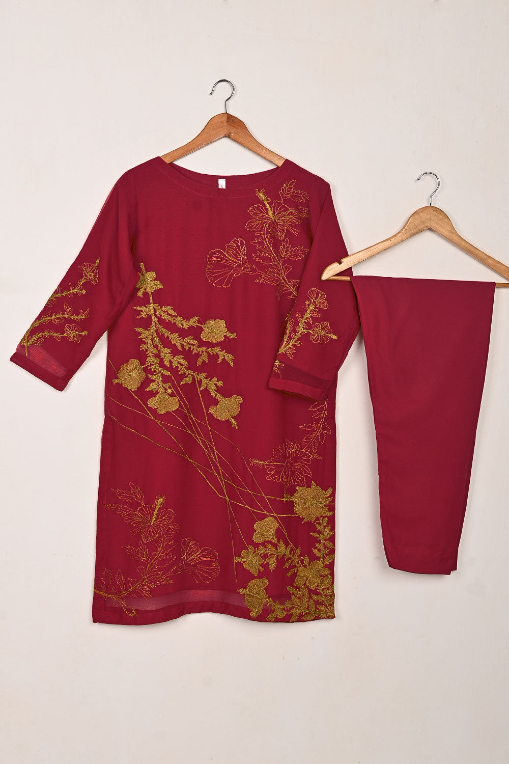 RTW-275-Red -  3Pc Ready to Wear Embroidered Chiffon Dress