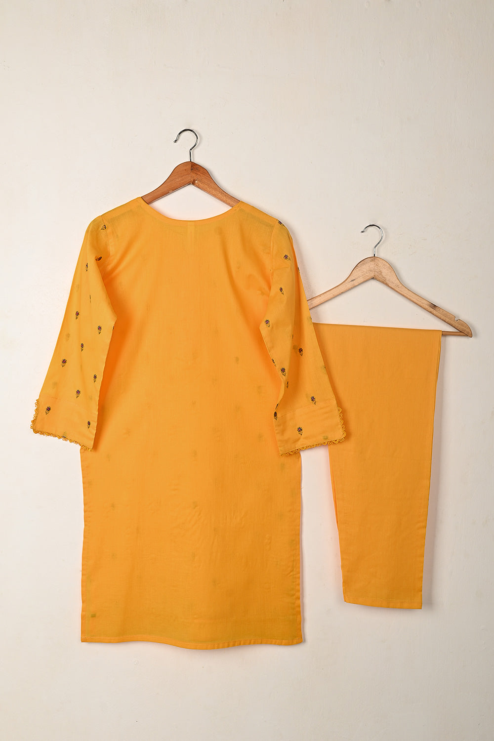 STP-263A-Yellow  - 2Pc Ready to Wear Embroidered Cambric Dress