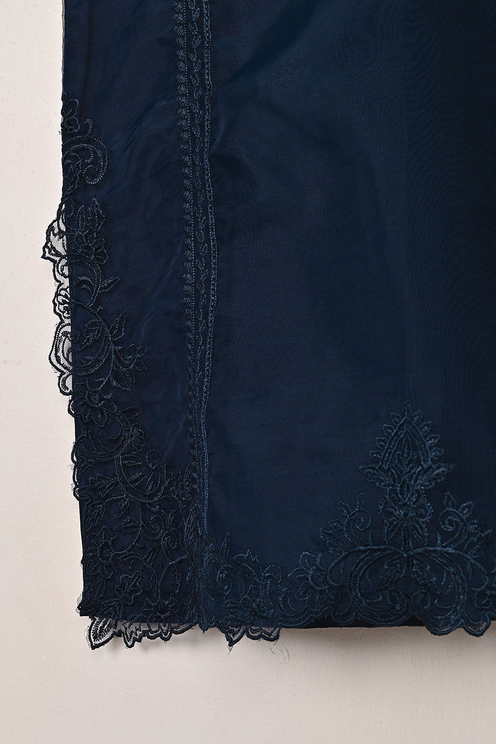 RTW-300-Navy Blue - 3Pc Ready to Wear Cut Work Embroidered Organza Dress