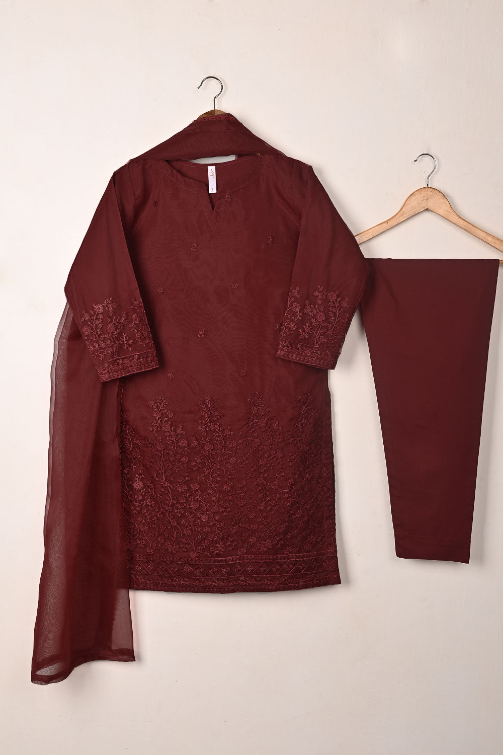 RTW-315-Maroon -  3Pc Ready to Wear Embroidered Organza Dress